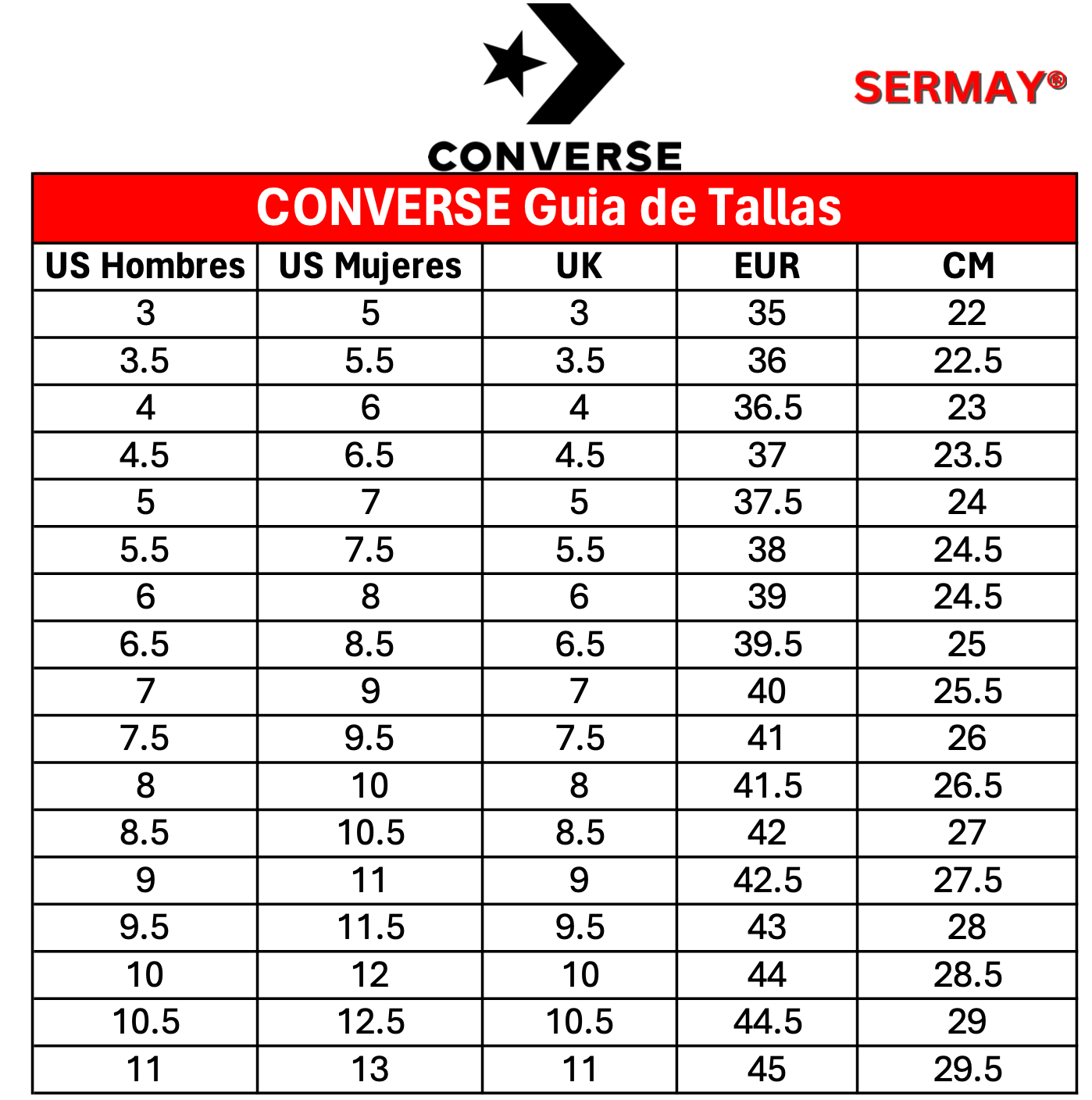 converse tabla de medidas